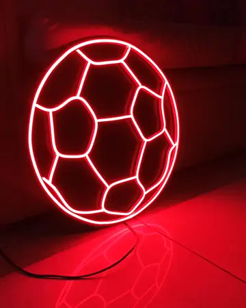 Cartel de neón LED rojo con forma de pelota de fútbol