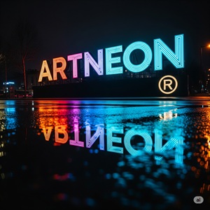 Anuncio de ARTNEON como marca registrada con cartel de neón LED brillante sobre fondo oscuro
