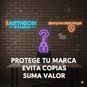Imagen de portada para blog sobre registro de marcas. Presenta un fondo de pared de ladrillos con un logo de neón azul claro que dice 'ARTNEON ROSARIO' y un logo de neón naranja 'emprendedorlegal'. En el centro, un signo de interrogación morado sobre un candado cerrado, con engranajes a la derecha y varios iconos de documentos flotando. En la parte inferior, sobre una oficina con un portátil, el texto blanco en negrita: 'PROTEGE TU MARCA EVITA COPIAS SUMA VALOR